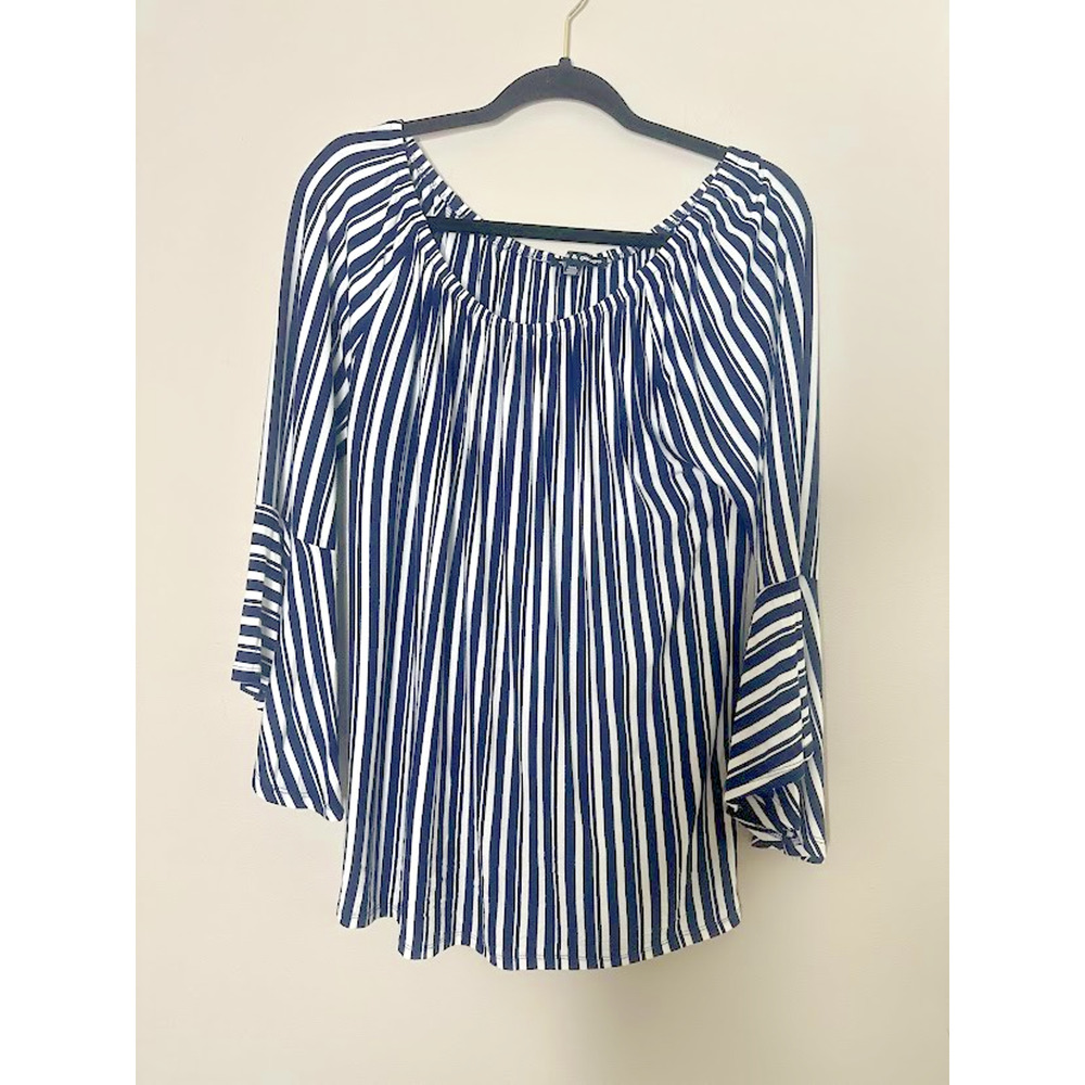 Cable‎ & Gauge Striped Top Womens Medium Navy Blue White 3/4 Bell Sleeve Flowy